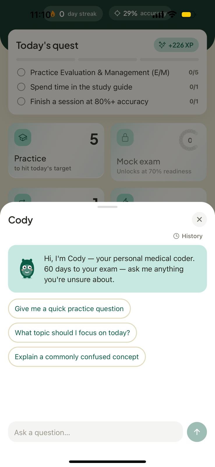 Cody — bottom-sheet AI tutor on the home screen